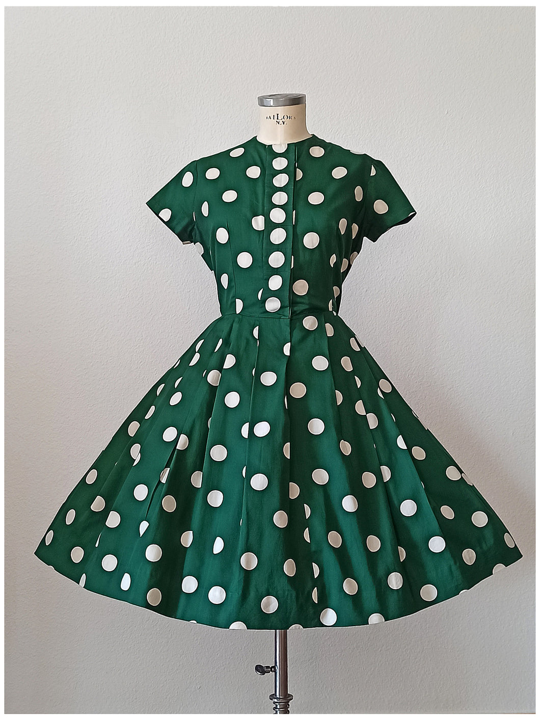 1950s - Delightful Green Polka Dots Cotton Dress - W30 (76cm)