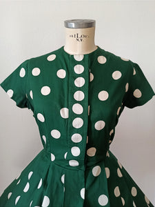 1950s - Delightful Green Polka Dots Cotton Dress - W30 (76cm)