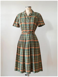 1940s - NELLY DON, USA - Adorable Plaid Cotton Dress - W26 (66cm)