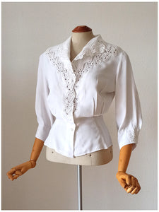 1940s - Exquisite White Rayon Blouse - W28 (72cm)