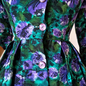 1950s - Stunning Purple Flowers Soft Wool Dress - W25 (64cm)