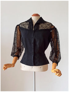 1950s - Superb Black Rayon Lace Blouse - W31 (80cm)