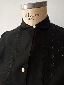 1950s - FRENCH DEADSTOCK - Black Cotton Blouse - Sz 42