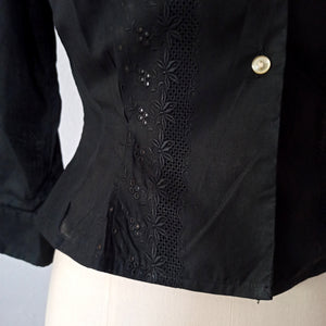 1950s - FRENCH DEADSTOCK - Black Cotton Blouse - Sz 42