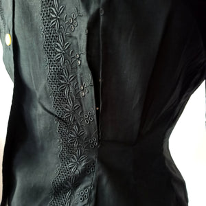 1950s - FRENCH DEADSTOCK - Black Cotton Blouse - Sz 42