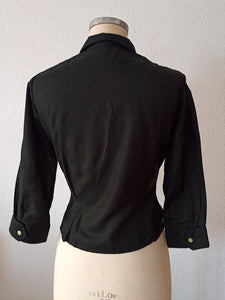 1950s - FRENCH DEADSTOCK - Black Cotton Blouse - Sz 42