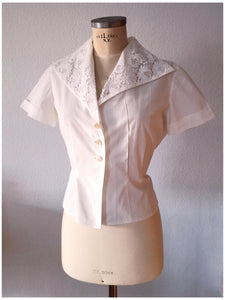 1950s - Exquisite White Cotton Blouse - Sz 42
