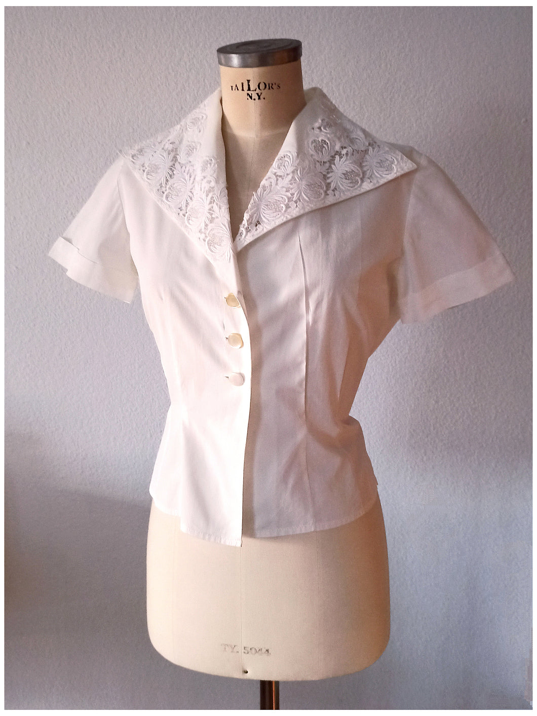 1950s - Exquisite White Cotton Blouse - Sz 42