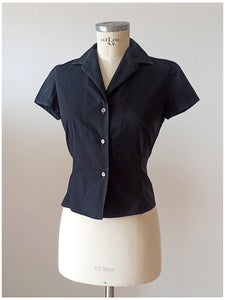 1950s - Cute Solid Black Cotton Blouse - Sz 42