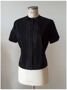 1960s - Gorgeous Black Cotton Blouse - Sz 44