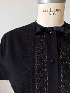 1960s - Gorgeous Black Cotton Blouse - Sz 44