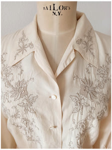 1940s - Exquisite Embroidery Silk Blouse - Sz 46