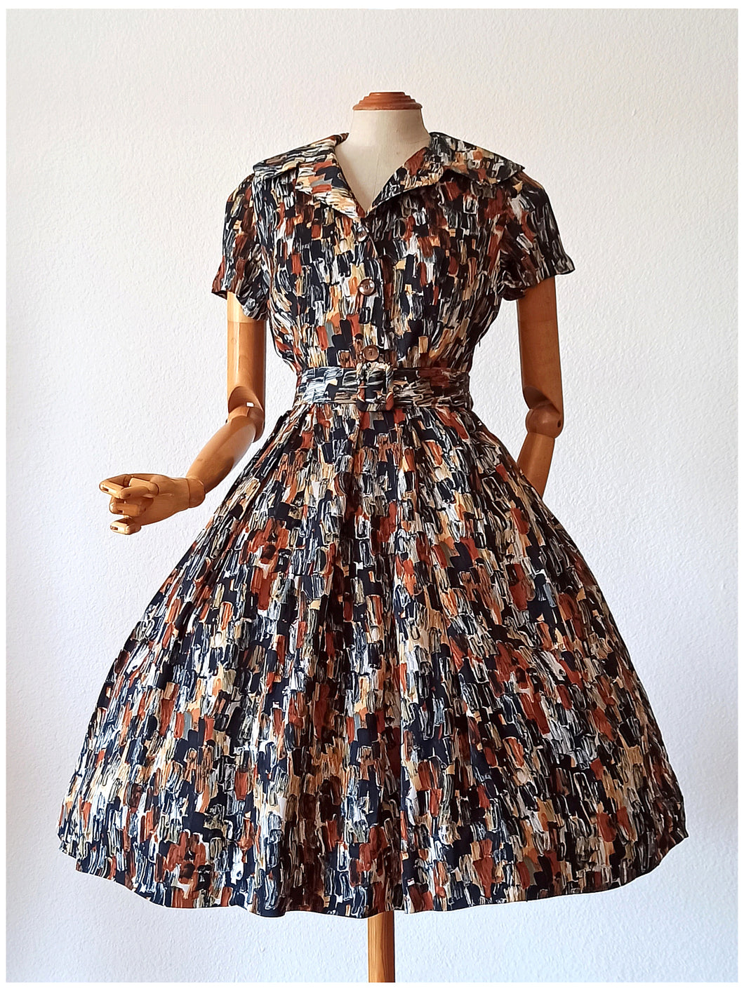 1950s - Stunning French Abstract Rayon Satin Dress - W30 (76cm)