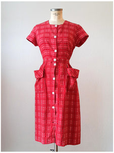 1950s - Adorable Red Cotton Pockets Dress - W33 (84cm)