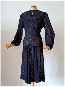 1930s - Exquisite Art Deco Ink Blue Sheer Dress - W39 (100cm)