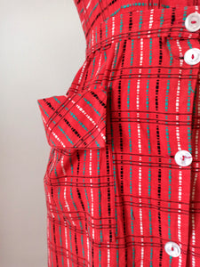 1950s - Adorable Red Cotton Pockets Dress - W33 (84cm)