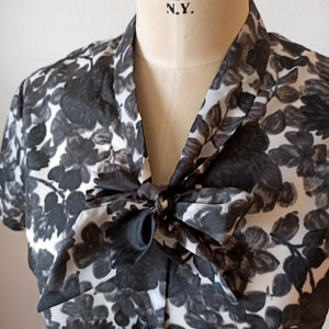 1950s 1960s - TREVIRA, Germany - Gorgeous Floral Satin Blouse - Sz L