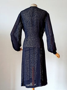 1930s - Exquisite Art Deco Ink Blue Sheer Dress - W39 (100cm)