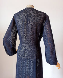 1930s - Exquisite Art Deco Ink Blue Sheer Dress - W39 (100cm)