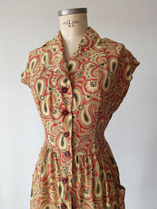 1940s - Superb Tile Printed Rayon Dress - W28.5 (72cm)