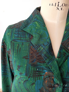 1960s - Fabulous Green Abstract Blouse - Sz 50
