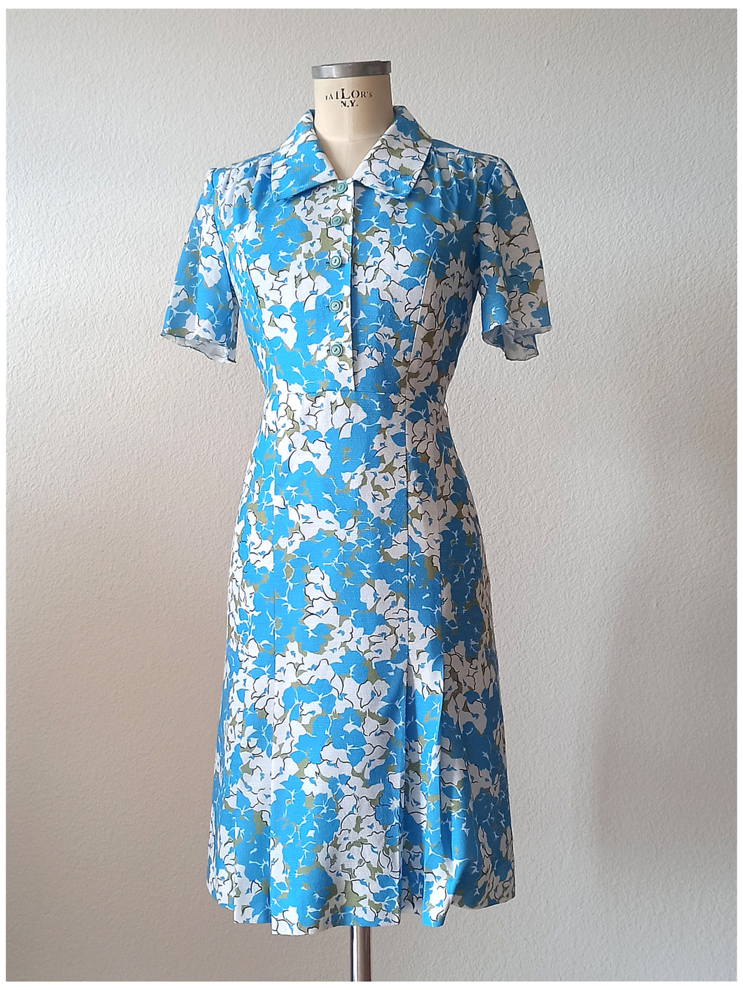 1960s - Gorgeous Blue Floral Dress - W31 (80cm)