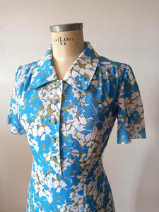 1960s - Gorgeous Blue Floral Dress - W31 (80cm)
