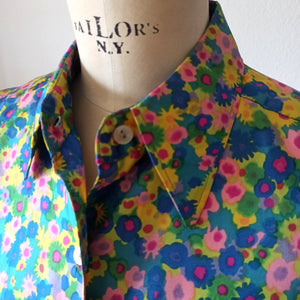 1960s - Colorful Floral Satin Blouse