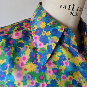 1960s - Colorful Floral Satin Blouse