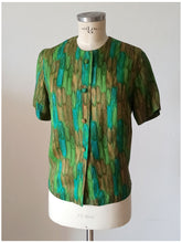 Load image into Gallery viewer, 1960s - Green German Abstract Silk Blouse - Size 44
