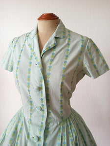 1950s 1960s - Adorable Green Vichy Floral Dress - W29 (74cm)