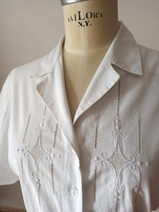 1940s - Delicious White Linen Cotton Embroidery Blouse - W39 (100cm)