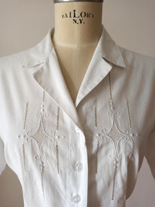 1940s - Delicious White Linen Cotton Embroidery Blouse - W39 (100cm)