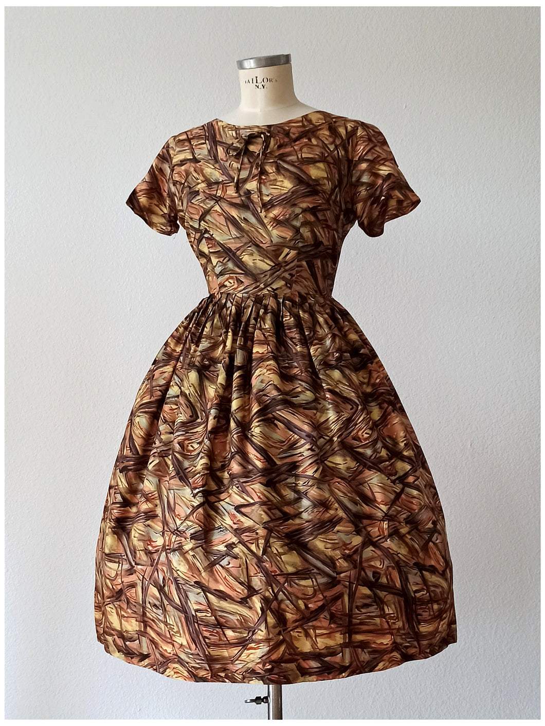 1950s 1960s - Gorgeous Abstract Stin Silk Dress - W28.5 (72cm)