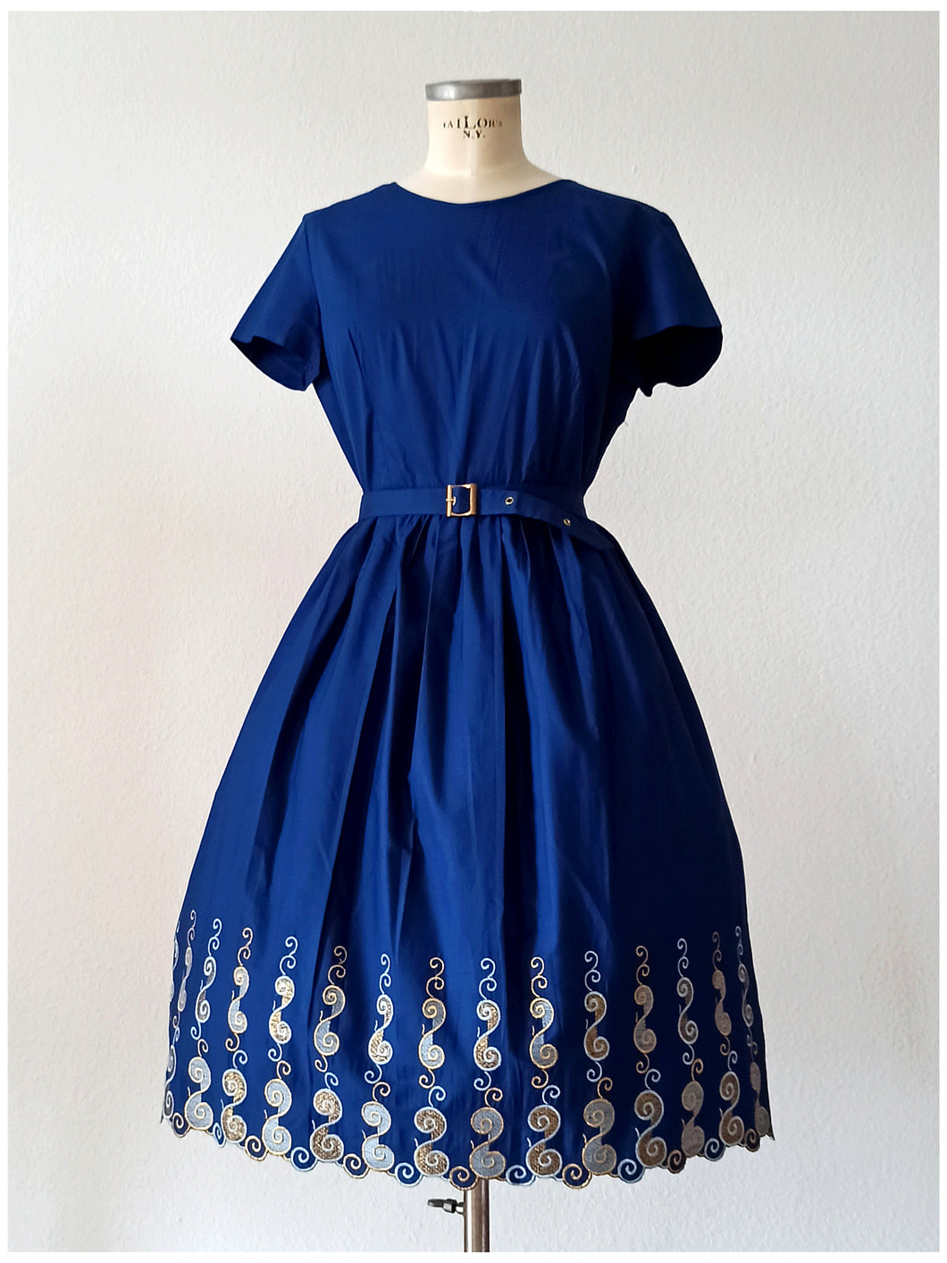 1950s 1960s - French DEADSTOCK - Gorgeous Blue Cotton Dress - W31.5 (80cm)
