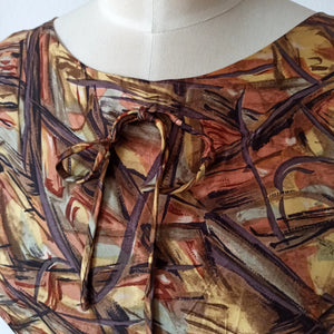 1950s 1960s - Gorgeous Abstract Stin Silk Dress - W28.5 (72cm)