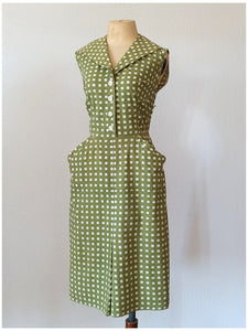 1950s - Stunning Green Cotton Dress - W27.5 (70cm)