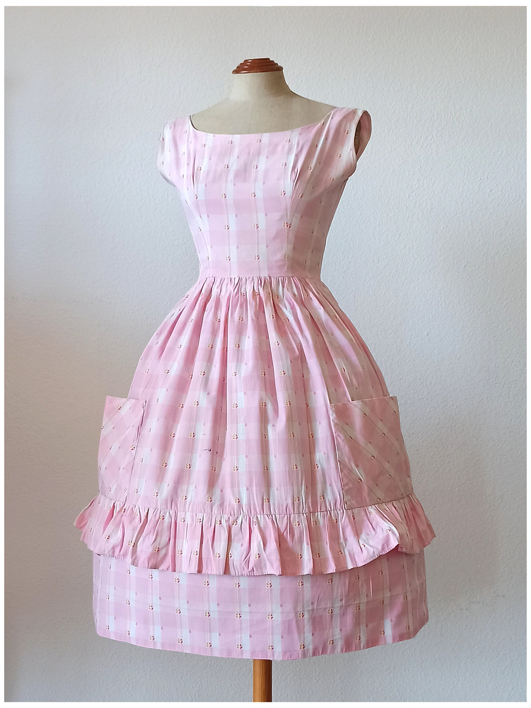 1950s - MICHEL, Paris - Adorable Pink Plaid Dress - W25 (64cm)