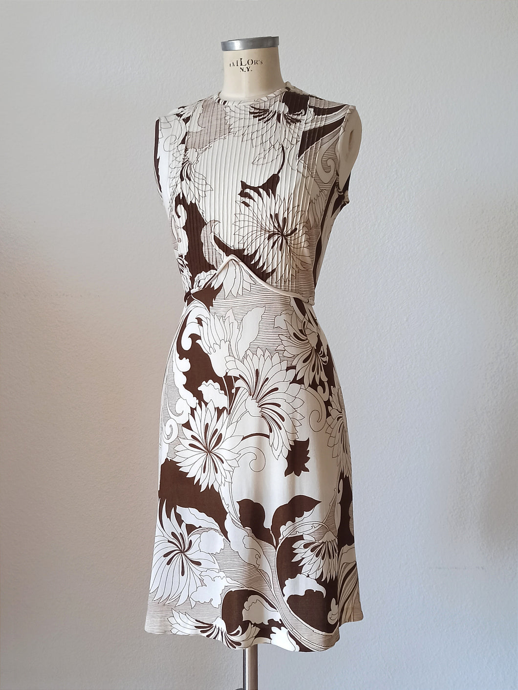 1960s - Brown Print Dress - W32 (82cm)