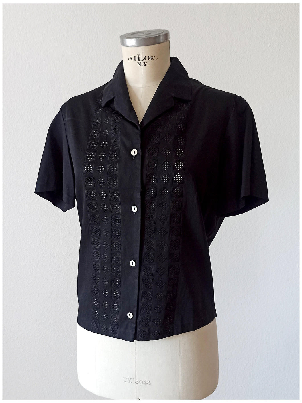 1950s 1960s - Black Cotton Blouse - Sz 46