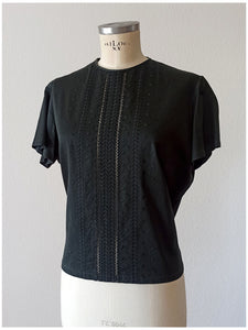1960s - Black Cotton Blouse - Sz L/XL