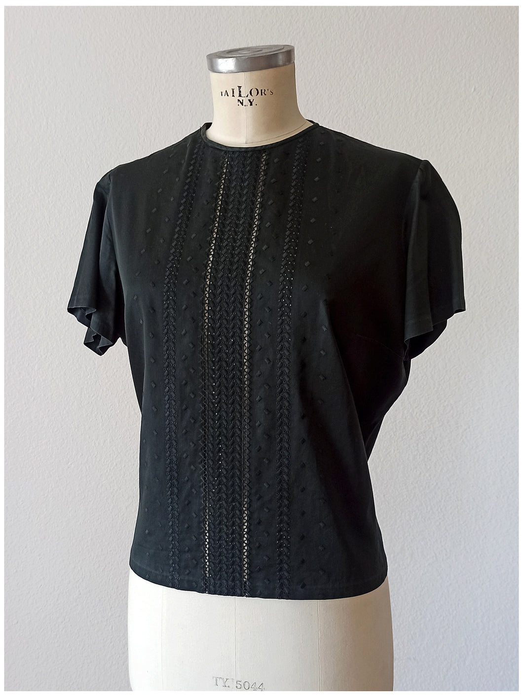 1960s - Black Cotton Blouse - Sz L/XL