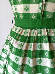 1950s - MILANO - Adorable Plaid Green Folk Print Dress - W26 (66cm)