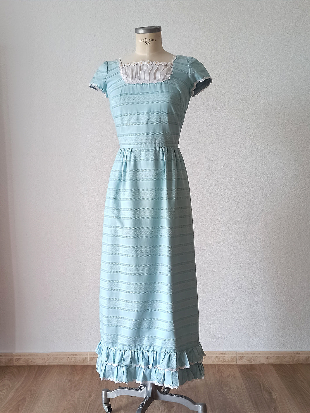 1960s - Romantic Daisies Turquoise Cotton Dress - W26 (66cm)