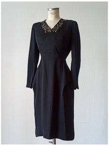 1940s - Stunning Black Silk Crepe Dress - W29 (74cm)