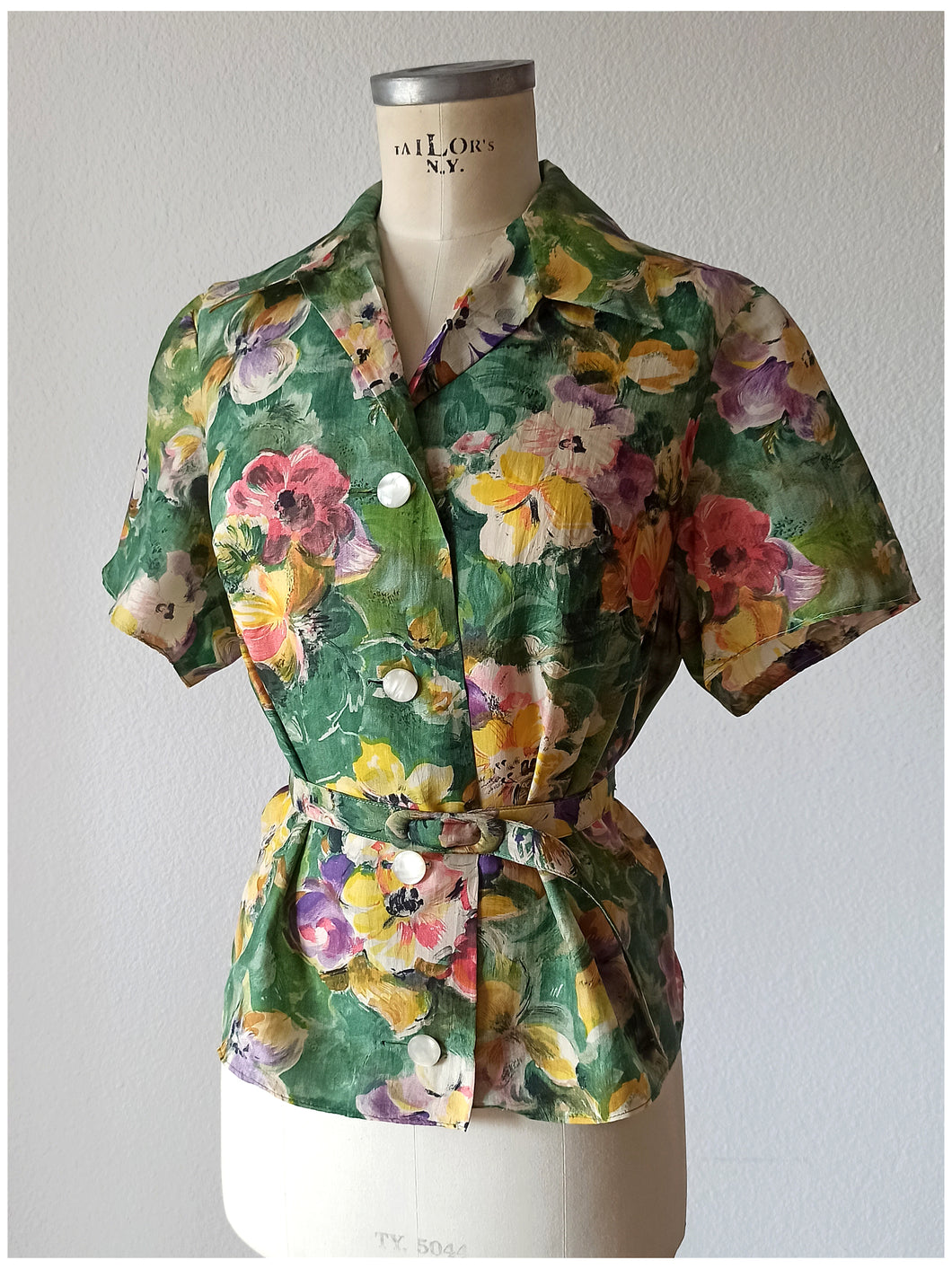 1950s 1960s - Floral Silk Belted Blouse