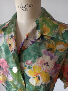 1950s 1960s - Floral Silk Belted Blouse