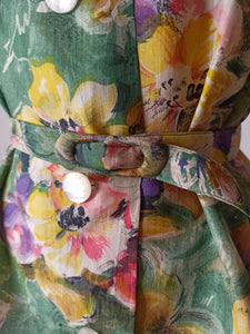 1950s 1960s - Floral Silk Belted Blouse