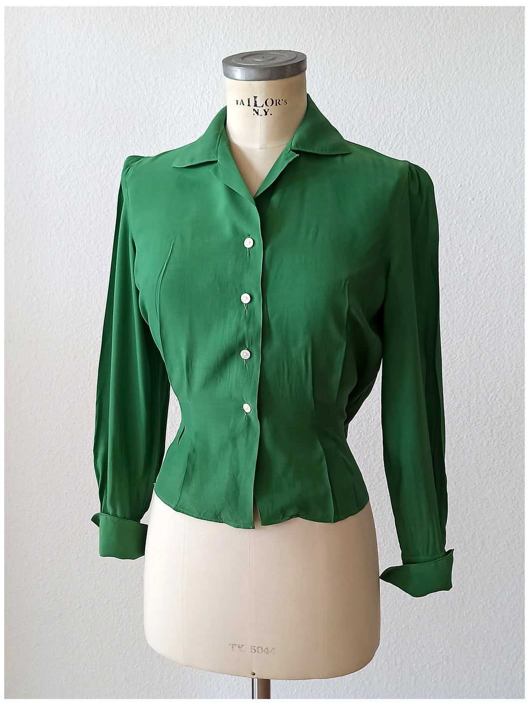 1940s - FLORINE, Paris - Exquisite Forest Green Rayon Blouse - Sz 44