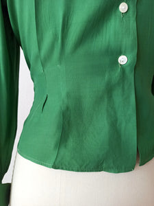 1940s - FLORINE, Paris - Exquisite Forest Green Rayon Blouse - Sz 44